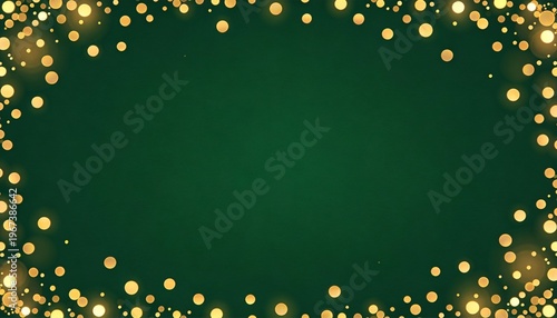Festive dark green background with golden bokeh border. Shimmering gold confetti frame on emerald backdrop. Purim celebration background with copy space. Elegant holiday banner design
