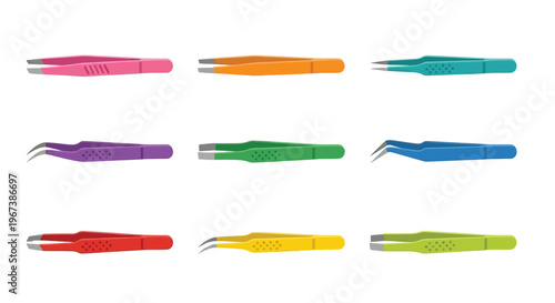 Colorful tweezers arranged in a grid pattern on a white background