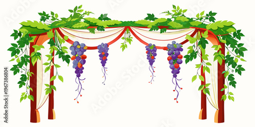 Decorative wedding arch with green leaves and purple flowers, vector