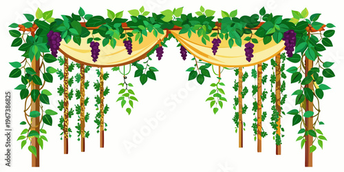 Wooden garden pergola with vines and purple grapes, vector