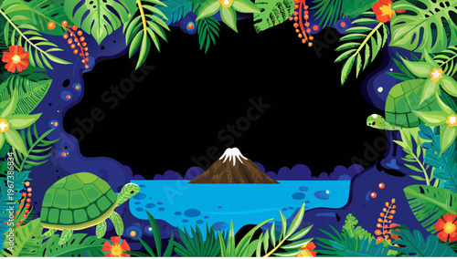 Galapagos volcanic island scene with smoking volcano turtle and lush vegetation tropical paradise landscape