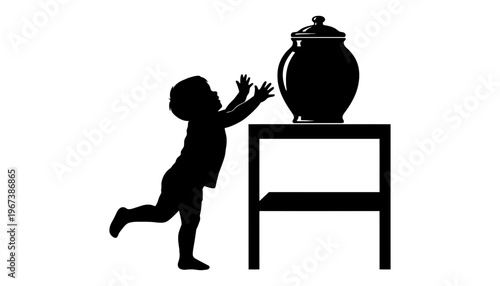Child silhouette reaching for a large urn on a table