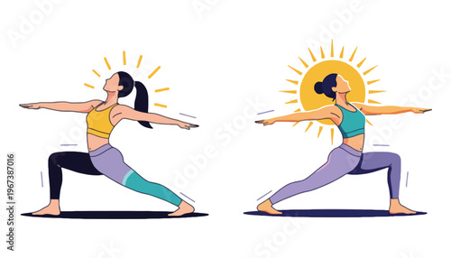 Yoga women in warrior pose with sun illustration vector icons