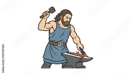 A blacksmith vector illustration working at an anvil with a hammer