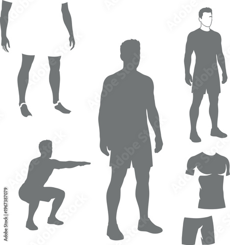 Man Fitness Silhouette Vector Set featuring Squat Pose Athletic Body Standing Position and Sportswear Apparel Mockup