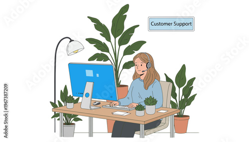 Customer support representative working at a desk with a computer and headset