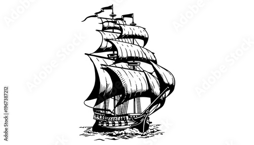 A ship sailing icon illustration in a black and white vector style