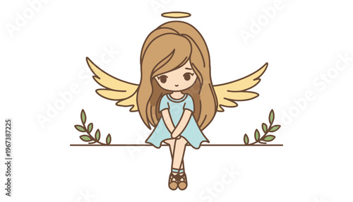 A cute angel girl sitting on a line with leaves and wings