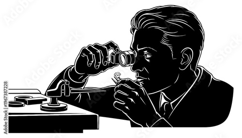 A man examines a gemstone with a loupe in his hand.