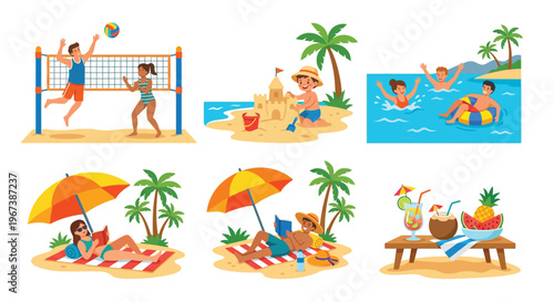 A vibrant summer scene depicting beach activities and relaxation