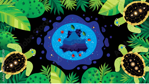 Galapagos volcanic island with smoking volcano surrounded by sea turtles and lush greenery tropical ecosystem illustration