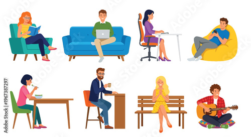 Diverse people relaxing and working in various comfortable settings