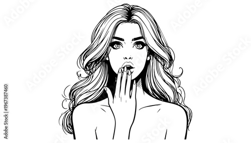 Woman illustration with hand covering mouth in black and white