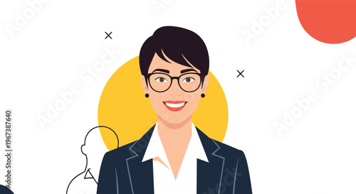 Professional portrait of a smiling woman with short dark hair and glasses set against a modern geometric background.