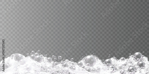 Foto Realistic transparent soap bubbles and foam border isolated