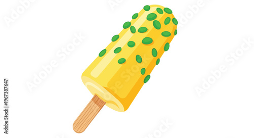 A colorful illustration of a yellow popsicle with green sprinkles on a white background