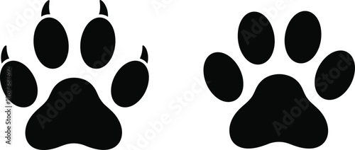 Black paw print silhouettes with clawed and rounded variations, animal track vector illustration for wildlife, pet design, footprint identification theme