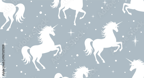 Enchanting pattern of white unicorn silhouettes with stars and sparkles on a calm light blue background for nursery decor.