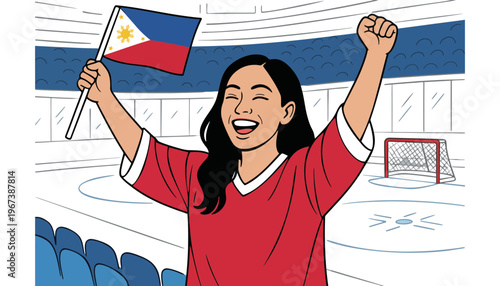 A woman holding a Philippine flag in an ice hockey stadium