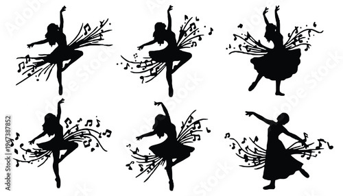 A dancer silhouette illustration with musical notes and flowing lines