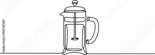 French press coffee maker on white background. one line art icon drawing vector