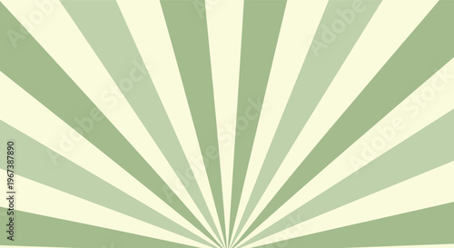 Calm and simple sunburst background in sage green and cream colors featuring radial rays from a central bottom point.