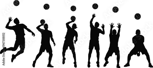 Volleyball player silhouettes vector illustration showing serve and spike motion sequence, dynamic athletic movement sports design