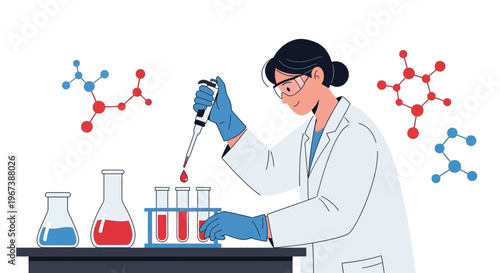 Scientist in Lab Coat Pipetting Liquid into Test Tubes, Molecular Structures