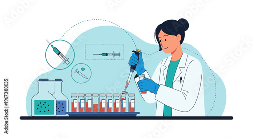 Scientist in lab coat using pipette with test tubes and syringes, medical research concept