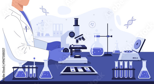 Scientist in Lab Coat Using Microscope in Modern Laboratory with DNA