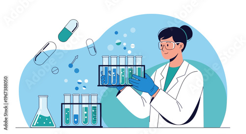 Scientist in Lab Coat with Test Tubes, Capsules, and Flasks - Medical Research