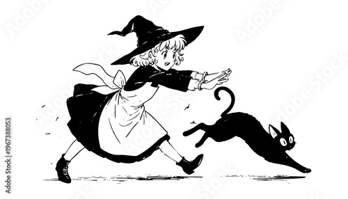 A little witch running with her black cat companion in a cartoon style