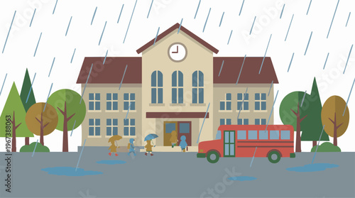 Rainy day at school with kids, umbrellas, raincoats, and school bus