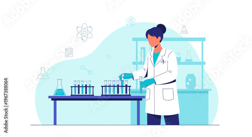 Scientist in lab coat working with test tubes and beakers, conducting research