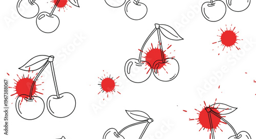 Creative pattern of black outline cherries combined with vibrant red paint splatters for an artistic and modern look.