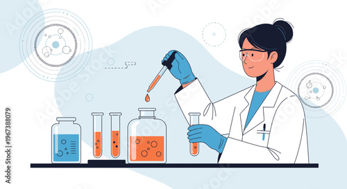 Scientist in lab coat working with test tubes and liquids, conducting research