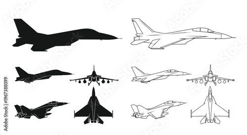 Detailed illustrations of modern fighter jets in various perspectives