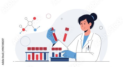 Scientist working with test tubes and molecular model in laboratory
