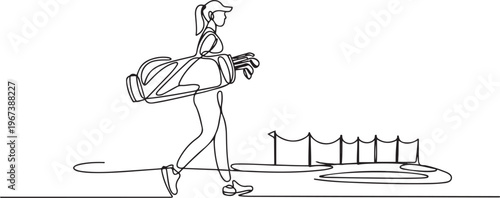 an active woman carrying a golf stand bag, while walking towards a training area for professional golf. one line art icon drawing vector