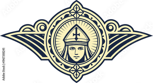 Vintage religious label with classic badge shape and bishop