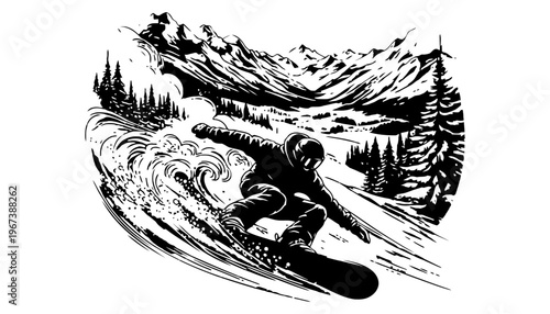 Snowboarder silhouette illustration speeding down a snowy mountain slope