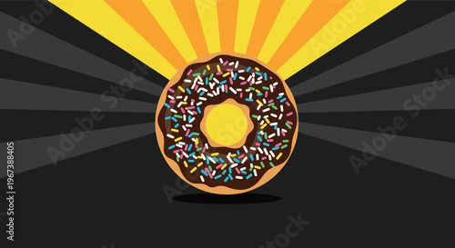 Delicious chocolate glazed donut with colorful sprinkles presented against a dramatic black and orange sunburst background.