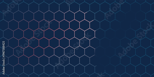 Abstract dark hexagon pattern on red neon background technology style. Modern futuristic geometric shape web banner design.