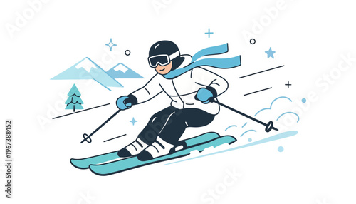 Skier skiing vector illustration on snowy mountain with trees and stars
