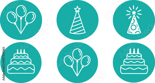 Teal party with white outlines of balloons and cakes celebration