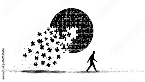 A man walking away from a puzzle piece falling apart