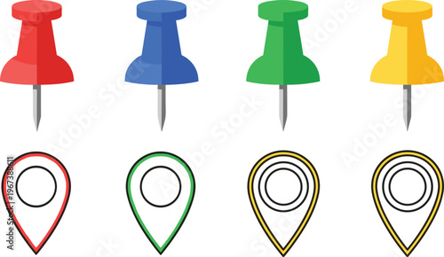 Colorful Push Pin and Map Marker Icon Set Featuring Red, Blue, Green, Yellow Pins with Location Marker Shapes for Mapping and UI Design