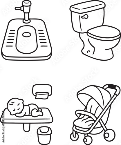Collection of line art icons representing hygiene and parenthood squat toilet modern toilet baby changing station and stroller symbolizing care cleanliness and family essentials for domestic