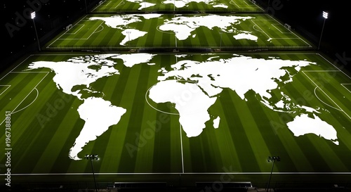 Global football field with world map overlay under stadium lights representing international