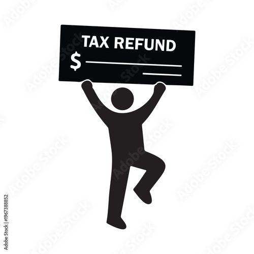 Happy person silhouette holding a large tax refund check vector on white background